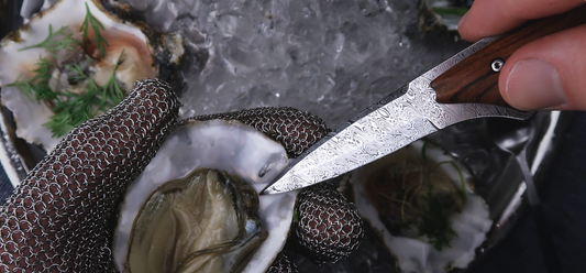 Jacomina oyster opening tool and an shucked oyster on a bed of ice